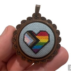Pride rainbow heart handmade stitched necklace keychain